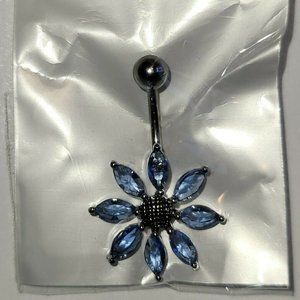 Flower Fancy Belly Button Navel RIng Titanium Shaft/Rhodium Plated Blue